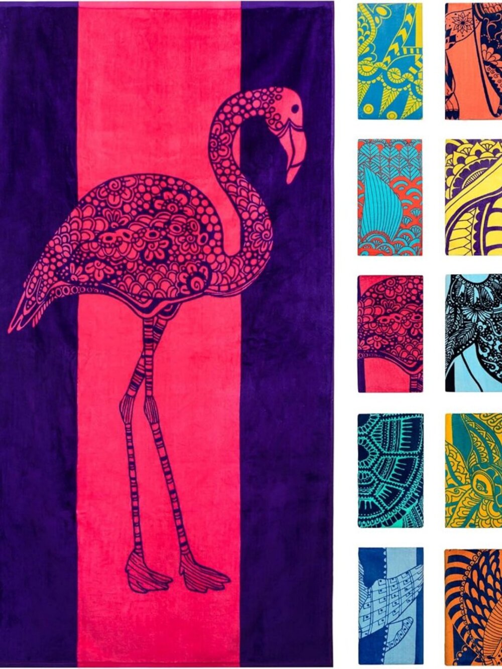 Extra Large Pink & Purple Flamingo Beach Towel, Lightweight, Absorbent
